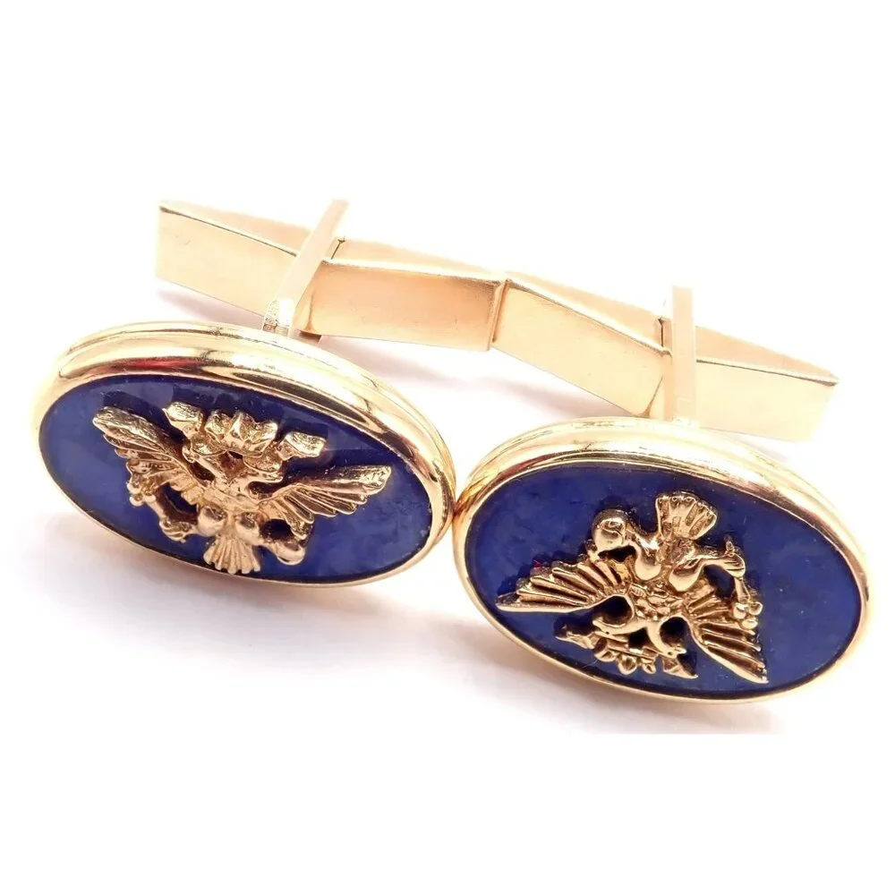 Authentic! Franklin Mint Faberge Imperial Eagle 14k Yellow Gold Lapis Cufflinks